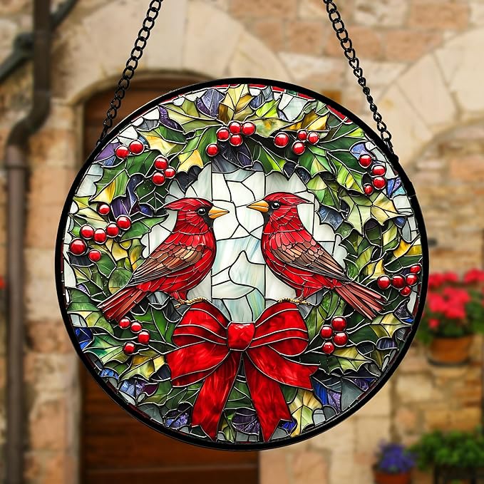 DASTOLL Stained Glass Window Hanging - Cardinals Green Wreath Suncatcher for Doors Home Christmas Decoration Red Bird Sun Catcher Thanksgiving New Year Birthday Gift for Women Men Mom Nana 11.8 in