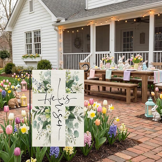 CROWNED BEAUTY Easter Garden Flag He is Risen 12x18 Inch Double Sided Floral Cross Holiday Decoration for Outdoor Lawn Yard