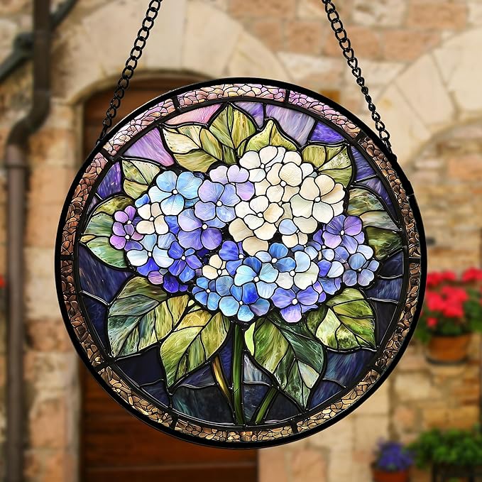 DASTOLL Stained Glass Window Hanging, Hydrangea Flowers Sun Catchers Diamond Glass Panel Hangings Plant Suncatcher Decor for Birthday for Women, Men, Wife, Aunt, and Mom 7.8 in