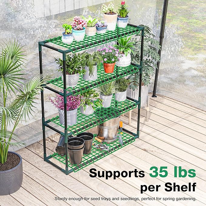 Joyside Outdoor Plant Shelves, 4 Tier 2 Pack Metal Stable Greenhouse Shelving for Home, 34x12x40 Inch Portable Plant Shelf Greenhouse Accessories (4 Tier)