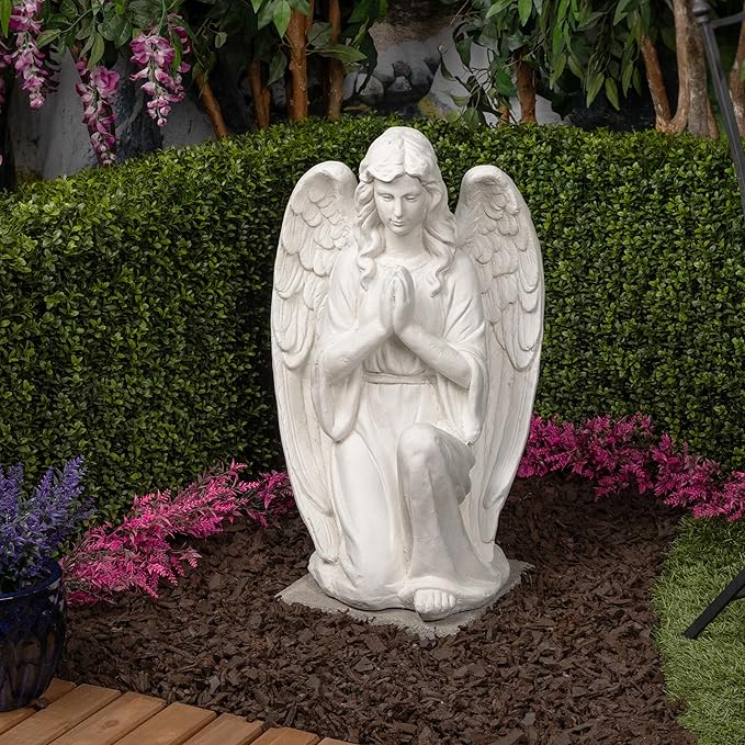 Alpine Corporation 27" Tall Indoor/Outdoor Kneel Praying Angel Statue, Tabletop Garden Decor, White