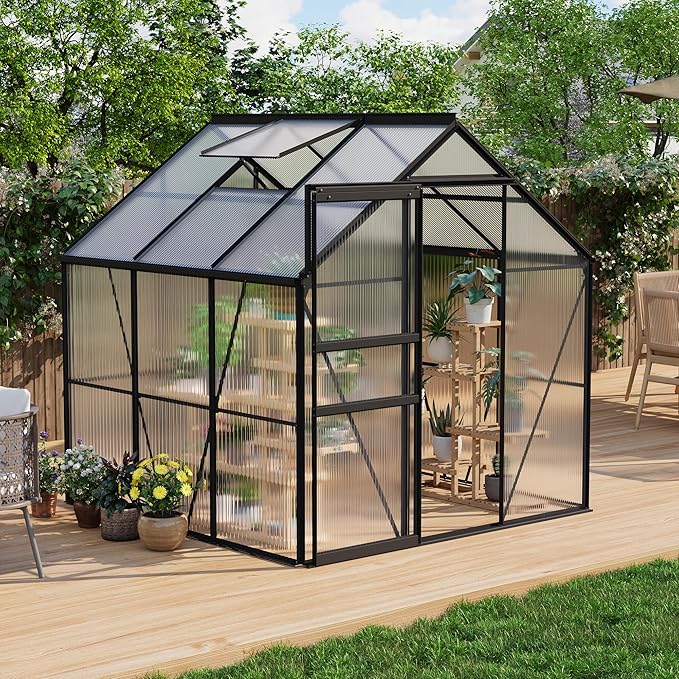 Garvee 6 x 6 FT Outdoor Greenhouse, Polycarbonate Greenhouses with Aluminum Frame, Sliding Door, Adjustable Roof Vent for Backyard, Green Houses for Outside Garden Backyard, Patio, Black