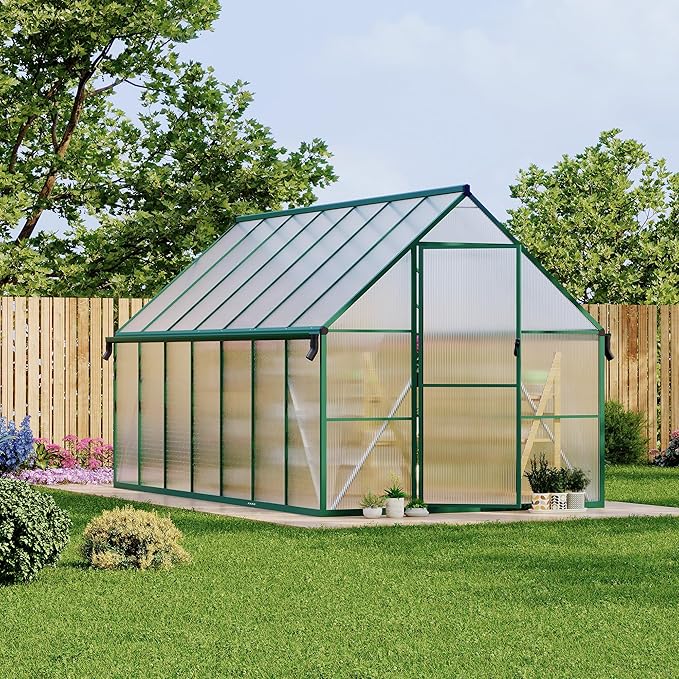 8X14 ft Polycarbonate Greenhouse with Aluminum Frame, Polycarbonate Greenhouse for Outdoors, Greenhouses with Ventilation and Rain Gutter, Aluminum Large Walk-in Greenhouses for Outside