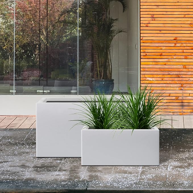 Kante 31.4" and 23.6" L Rectangular Concrete Planters (Set of 2), Outdoor Indoor Modern Plant Pot with Drainage Hole and Rubber Plug for Garden, Patio, Pure White Finish