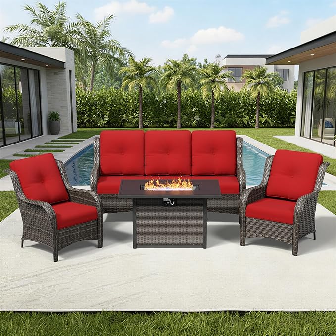 Joyside 4 Piece Wicker Patio Furniture Set with Fire Pit Table, Rattan Patio Chairs with High Back, Deep Seating, Wide Armrest, Thickened Cushions, Outdoor Furniture for Deck, Porch Use