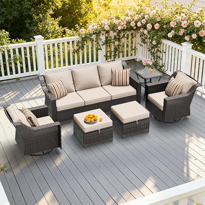 6 Pieces Patio Conversation Furniture Set - 1 Sofa, 2 Swivel Chairs, 2 Ottomans, 1 Side Table, Outdoor Wicker Furniture with Removable Cushions for Porch, Balcony, Sunroom (Beige)