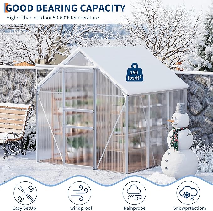 GAOMON 6 x 6 FT Polycarbonate Greenhouse - Winter Greenhouses for Outdoors, Aluminum Frame, Sliding Door, Adjustable Roof Vent, Backyard Green Houses, Silver