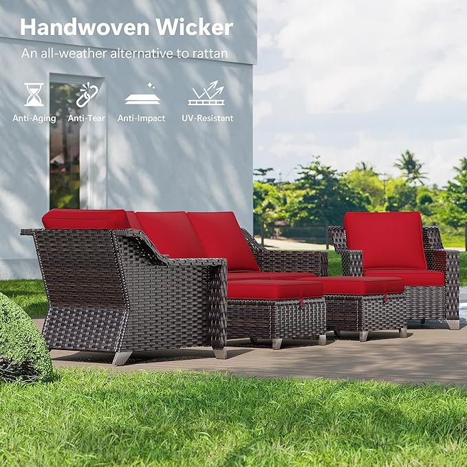 4 Pieces Wicker Patio Furniture, Luxury Outdoor Furniture with 2 Pieces Patio Rattan Chair, 2 Patio Ottoman, Wide Armrest, Thickened Cushions, Ideal for Deck, Porch Use