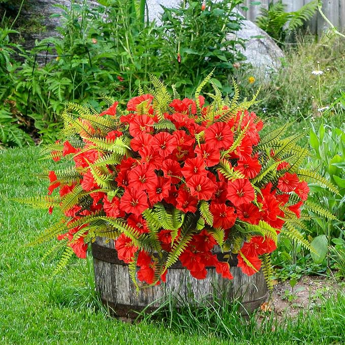 HIAGROW Artificial Flowers Outdoors 12 Bundles Artificial Petunias Fake Flowers UV Resistant Shrubs Plants with Fern for Indoor Outside Hanging Planters Home Garden Summer Decorations (Red)