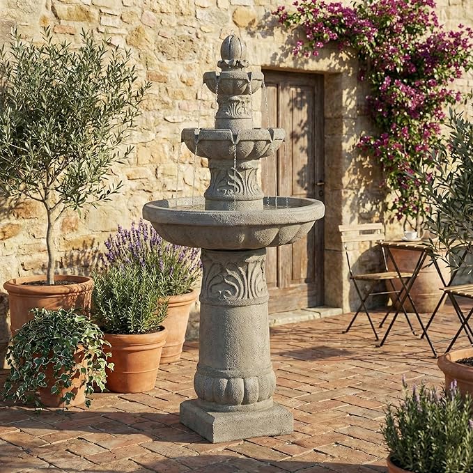 52" H 3-Tier Outdoor LED Garden Fountain, Large Floor Standing Cascading Waterfall with Bubbler Design, Resin Water Feature for Patio Yard Garden, Gray