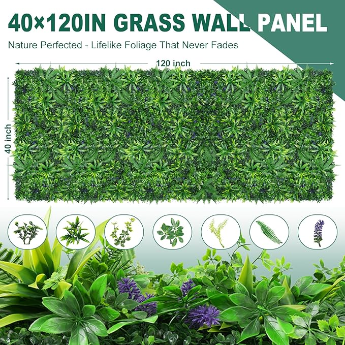 Yangrass Greenery Grass Wall Panels, 40"x120" (33.33 sqft) Artificial Outdoor Ivy Privacy Fence Screen, UV-Anti Faux Boxwood Roll Grass Wall Panels for Garden Patio Balcony Decor