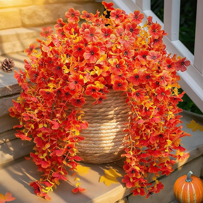 HyeFlora Fall Artificial Flowers for Outdoors Fake Silk Flower, 2Pcs Red Orange Daisy Autumn Decor, Realistic Hanging Decoration Plants, UV & Fading Resistant for Porch Patio Balcony Planter