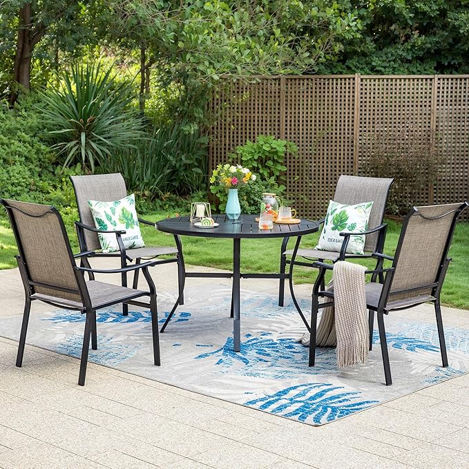 MFSTUDIO 5 PCS Patio Dining Set with 4 Sling Dining Chairs and 1 Round Heavy Duty Metal Table for 4, All Weather Resistant Patio Dining Furniture Set, Grey
