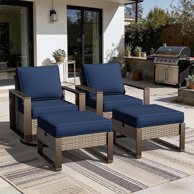 Joyside Outdoor Patio Swivel Rocker Chairs, 4 Pieces Wicker Furniture Set, 2 Swivel Rocking Chairs and 2 Ottoman, Metal Wide Armrest, Thick Cushions and Deep Seating for Garden, Backyard, Porch, Deck