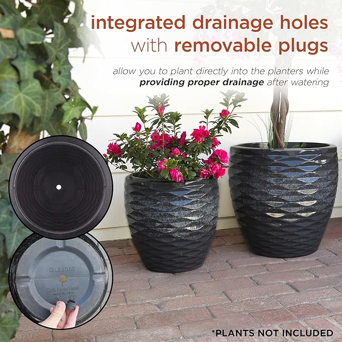 Alpine Corporation Indoor/Outdoor Embossed Wave Planters with Drainage Holes, Speckled Gray (Set of 2)