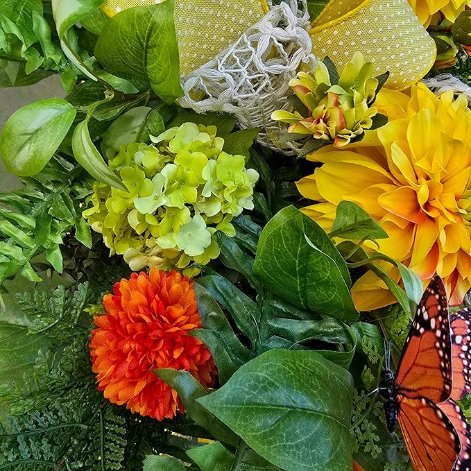 Orange Yellow Dahlia Faux Floral Swag for Front Door Spring Wreath Porch Decor - Spring Front Door Swag Teardrop Butterfly Floral Arrangement -
