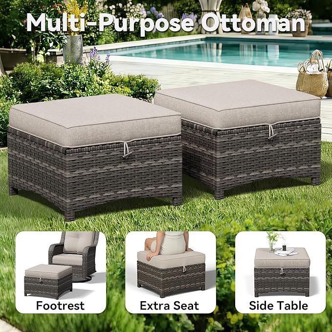 5 Piece Outdoor Wicker Patio Furniture Set, Patio Chairs Set with Thickened Olefin Cushions, High Back and Deep Seating, Hand-Woven PE Rattan, Ottoman for Porch, Deck