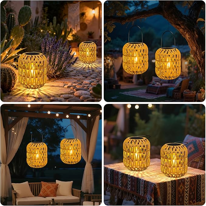 2 Pack Solar Lanterns Outdoor Waterproof,Rattan Solar Lantern for Yard,Outdoor Garden Lights,Hanging Lanterns Decorative Birthday Gifts for Mom Grandma,Outdoor Lanterns for Porch,Patio,Pathway