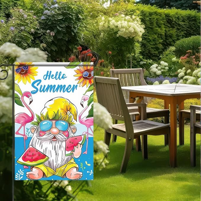 Hello Summer Gnomes Garden Flag Watermelon Flamingos 12x18 Double Sided Hawaii Tropical Beach Holiday Ocean Sea Yard Small Banner for Seasonal Outdoor Party Decoration