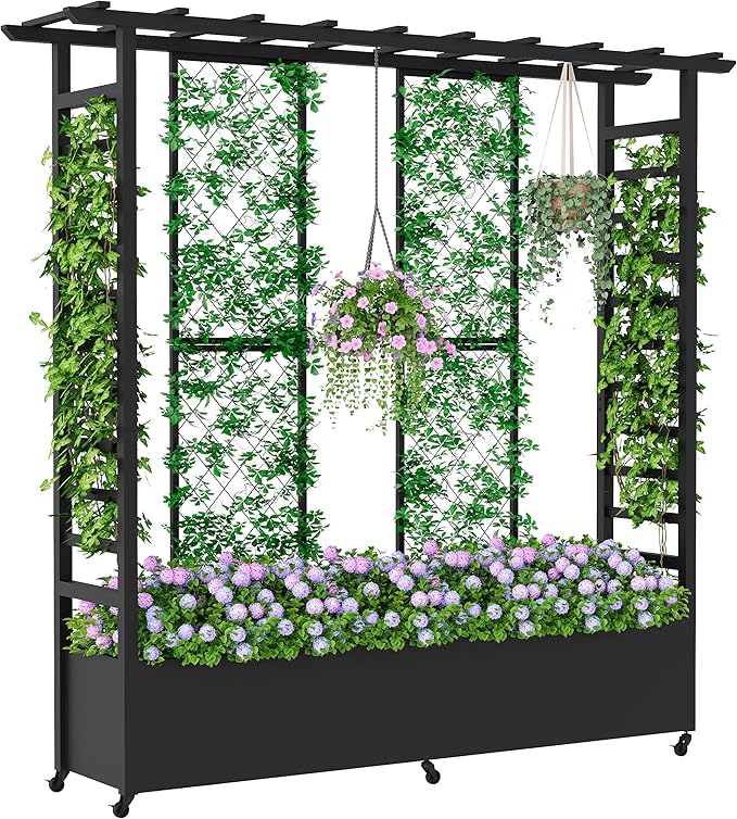 Raised Garden Bed with Trellis & Hanging Roof, Weatherproof Metal Planter Box with Wheels, Garden Arch Trellis for Outdoor Climbing Plants Vines Flowers, 74" H x 77" L x 17" W, Black