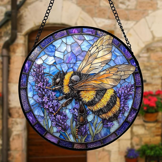 DASTOLL Stained Glass Window Hanging, Bee Lavender Sun Catchers Diamond Glass Panel Hangings Insect Suncatcher Decor for Birthday for Women, Men, Wife, Aunt, and Mom7.8 in