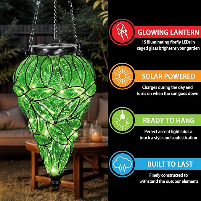 Naboher Solar Hanging Lantern Outdoor Garden Lights, Tear-Shaped Glass and Metal Hanging Lantern, 15 Firefly LED Lights, 7 x 24 Inch,(Green)