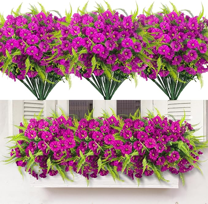 HIAGROW Artificial Flowers Outdoors 12 Bundles Artificial Petunias Fake Flowers UV Resistant Shrubs Plants with Fern for Indoor Outside Hanging Planters Home Garden Summer Decorations (Magenta)