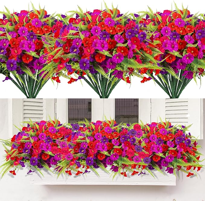 HIAGROW Artificial Flowers for Outdoors 12 Bundles Artificial Petunias Fake Flowers UV Resistant Shrubs Plants with Fern for Indoor Outside Hanging Planters Home Garden Spring Summer Decorations