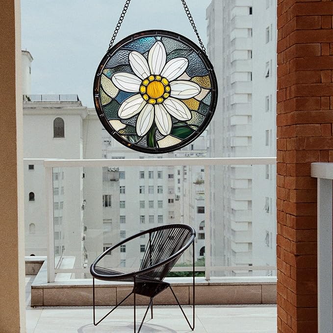 HWRHTR Stained Glass Window Hanging - Yellow White Daisy Birth Flower Suncatcher for Door Garden Yard Sun Catchers Decor Christmas Mother's Day Birthday Gifts for Teacher Women Mom Nana 7.8 in
