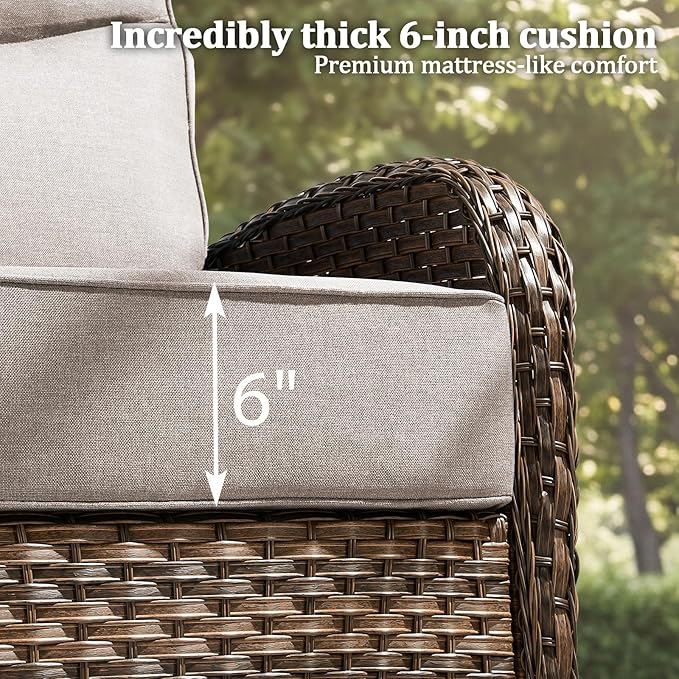 Outdoor Swivel Rocking Chair Patio Set (8pcs) High-Back-Thick Cushion Swivel Rocking Chair Patio with Fire Table Set, All-Weather Wicker Patio Furniture Set, Suitable for Balcony Patios, Brown/Beige