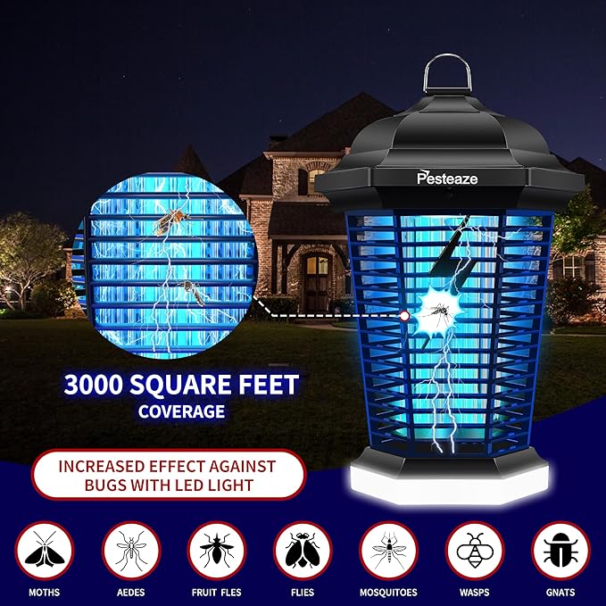 Bug Zapper Outdoor with LED Light, 5600V Electric Fly Zapper, Plug-in Mosquito Killer, 3 Prong Plug, Mosquito Zapper, Fly Traps, Flying Insects Zapper Indoor Outdoor, ABS Plastic