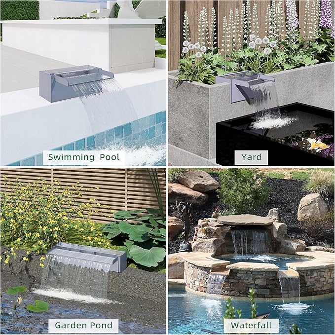 LONGRUN Waterfall Spillway, APP Control Multi-Color LED Light Outdoor Pool Fountain, Acrylic Water Spillway Koi Pond Waterfalls Fountains Kit for Garden Patio Swimming Pool Decoration-23.6"