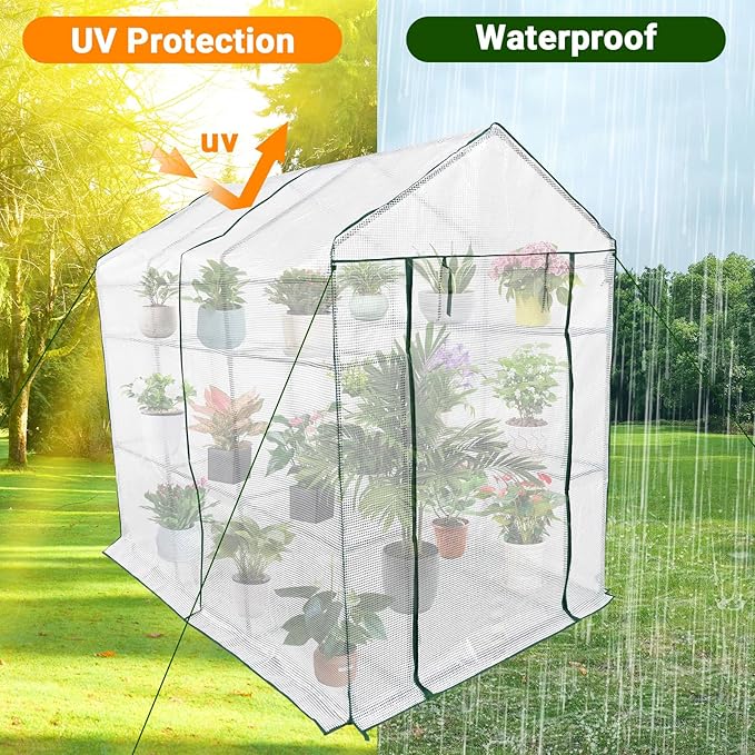 Walk-in Greenhouse for Outdoors, Small Green House Outdoor with 3-Tier Shelves, Roll-Up Zippered Door & Mesh Window, All-Season Plant House for Vegetables Herbs Flowers for Patio Backyard Gardening