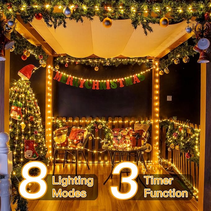 Ollny Christmas Lights Warm White, 600LED 197FT Christmas Tree Lights IP67 Waterproof, Plug in Fairy Lights with Remote 8 Modes Timer, Xmas Light for Outdoor Indoor House Holiday Decor (Pack of 2)