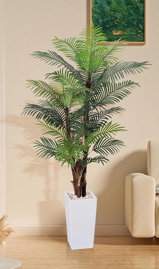 HAIHONG Artificial Palm Tree 7FT, Fake Tree with Realistic Fiber Trunks and White Tall Planter, Faux Tropical Areca Floor Plant in Pot, Artificial Silk Plant for Home Decor Office Decor Indoor