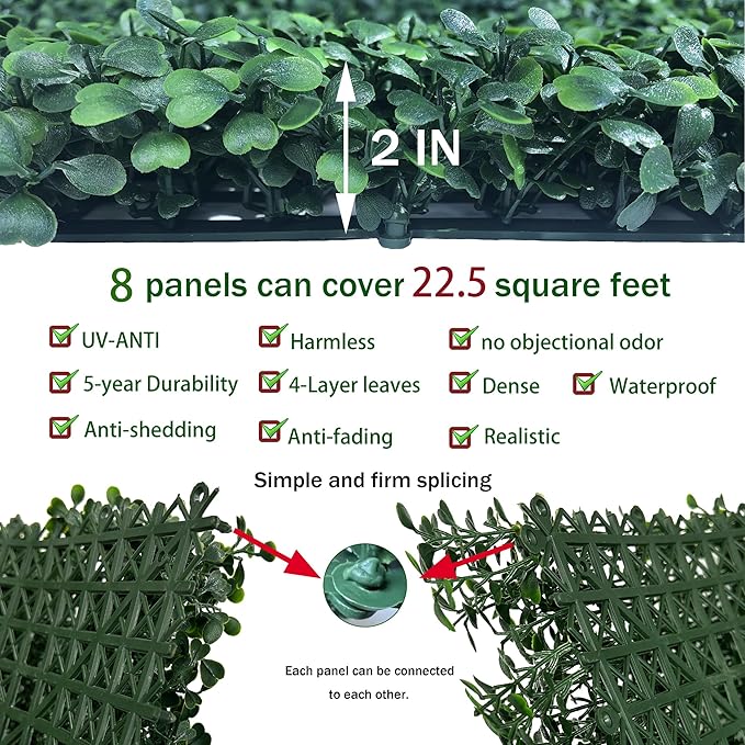 ODTORY Artificial Boxwood Hedge Wall Panels: 20 X 20 in 8P UV-Anti More Dense Greenery Grass Wall Backdrop Panels for Indoor Outdoor Green Home Decor & Ivy Fence Covering Privacy