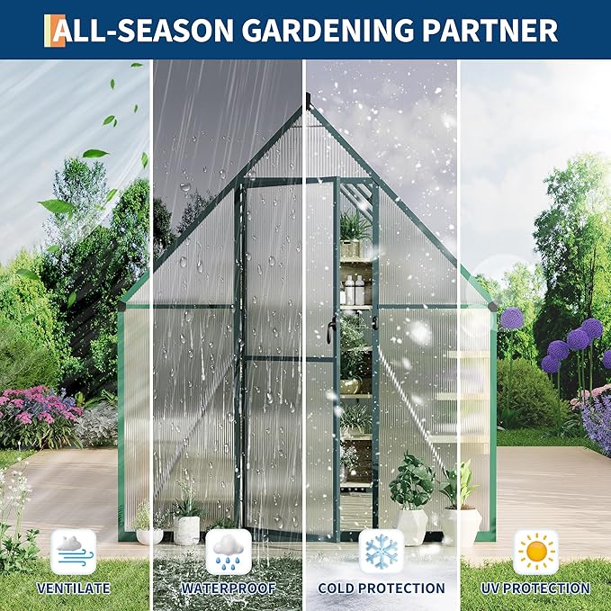 Polycarbonate Greenhouse for Outdoors, Large Walk-InGreenhouse with Quick Setup Structure and Roof Vent, Greenhouse with Ventilation