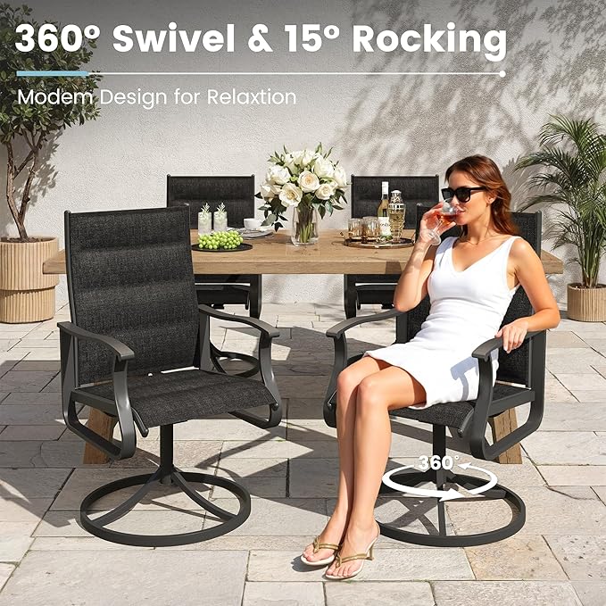 Patio Swivel Chairs Set of 6, Outdoor Dining Chairs with High Back, 360° Swivel Rocker Chair in All-Weather Padded Textilene & Metal Frame for Garden, Porch, Backyard, Balcony(Padded Black)