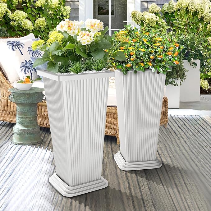 TUYOHW Set of 4 24" Tall Plastic Planters with Trays, Large Tapered Plant Pots for Indoor Outdoor Use, Modern Decorative Planters for Porch, Patio, Garden, and Backyard