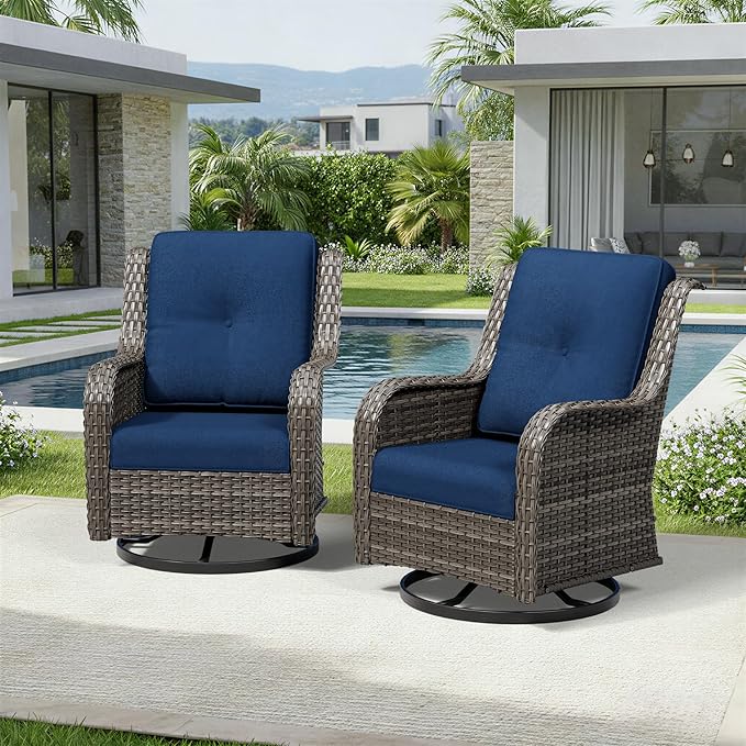 Joyside Swivel Patio Chairs Set of 2, Wicker Patio Furniture with High Back, Deep Seating, Wide Armrest, Thickened Cushions, Outdoor Rattan Furniture for Deck, Porch Use