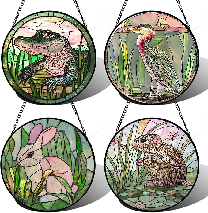 DASTOLL Stained Glass Window Hanging 4 Pcs Set Cute Animal Large 11.8"- Green Plant Pink Suncatcher Door Garden Sun Catcher Decor Birthday Christmas for Mom Woman Nana Men Friend