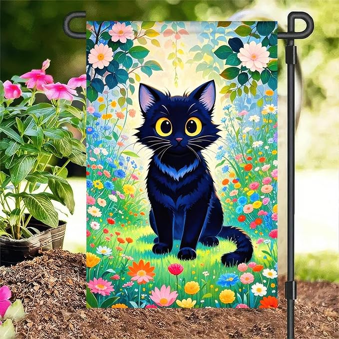 Spring Garden Flags 12x18 Double Sided Spring Garden Flags For Outside Decor Black Cat with Colorful Flowers Backdrop Seasonal Outdoor Decoration Springs Banner For Home