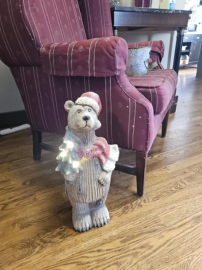 Holiday Bear with Light Up Christmas Tree | Resin Home Decor with Santa Hat and Xmas Tree Accents | Seasonal Xmas Decor for Centerpiece, Mantle, Kitchen, Dining Room, and More | 18 ¾ inches tall
