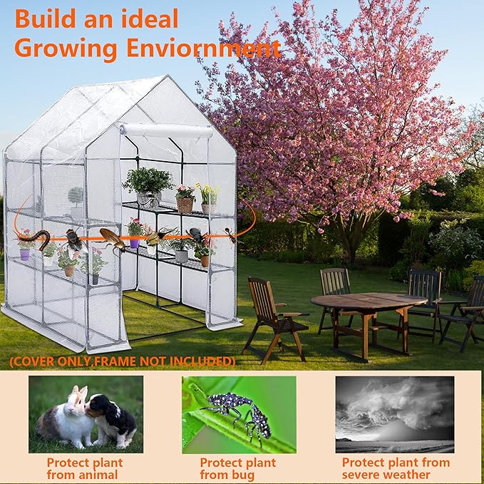 Greenhouse Replacement Cover, 56×56×76 Inches PE Walk-in Greenhouse Cover for Gardening Plants w/Roll-Up Zipper Door, Waterproof Frost Protection Wind Rain Proof, Easy Assembly (No Frames Include)