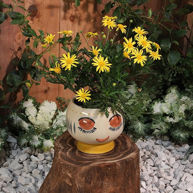 Stoneware Ceramic Planter Pot – Indoor Planter for Plants and Flowers, Shelf, Desk, or Patio Outdoor Decor, Art-Inspired Face Design for Modern Home Decor – 6", Ivory, Yellow, Blue Glaze
