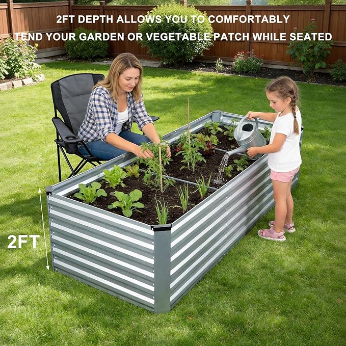 8x3x2FT Galvanized Raised Garden Bed, Outdoor Metal Raised Planter Box for Vegetables, Elevated Rust-Resistant Rectangle Gardening Container Kit with Reinforced Panels for Backyard, Patio(Silver)