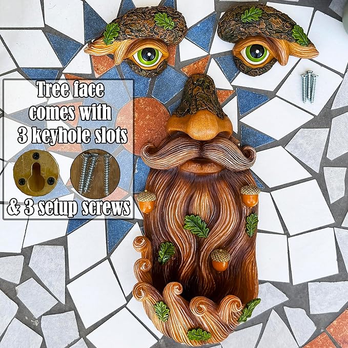 Mood Lab Tree Face Decor - Outdoor Bird Feeder with Acorns - Old Man Tree Face Garden Hugger Decoration