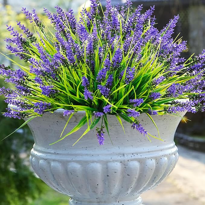 Rowfad 44 Pcs Artificial Outdoor Flowers Lavender Fake Greenery Plants UV Resistant Grass with Purple Flowers for Pot Decor for Window Garden Patio Hanging Planter Pathway Front Porch (44, Purple)