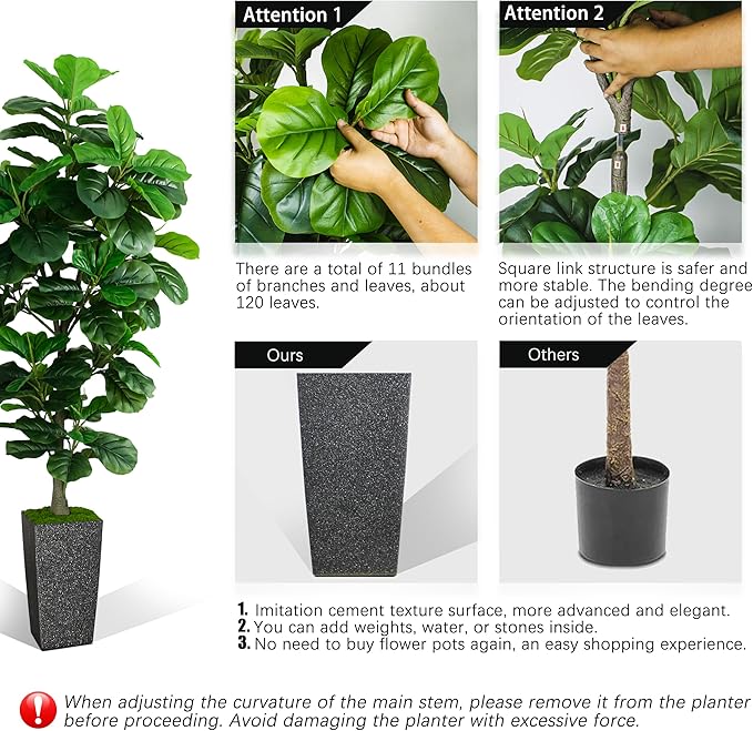 KOPWVA Artificial Fiddle Leaf Fig Tree 6ft, 6 Feet Large Tall Fake Plants Indoor with Modern Style Planter, Artificial Silk Tree for Home Office Living Room Decor Indoor, More Lifelike & Lush (Black)