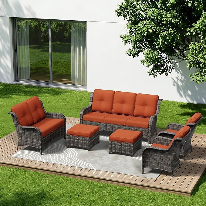 6 Piece Outdoor Wicker Patio Furniture Set, Patio Chairs Set with Thickened Olefin Cushions, High Back and Deep Seating, Hand-Woven PE Rattan, Ottoman for Porch, Deck
